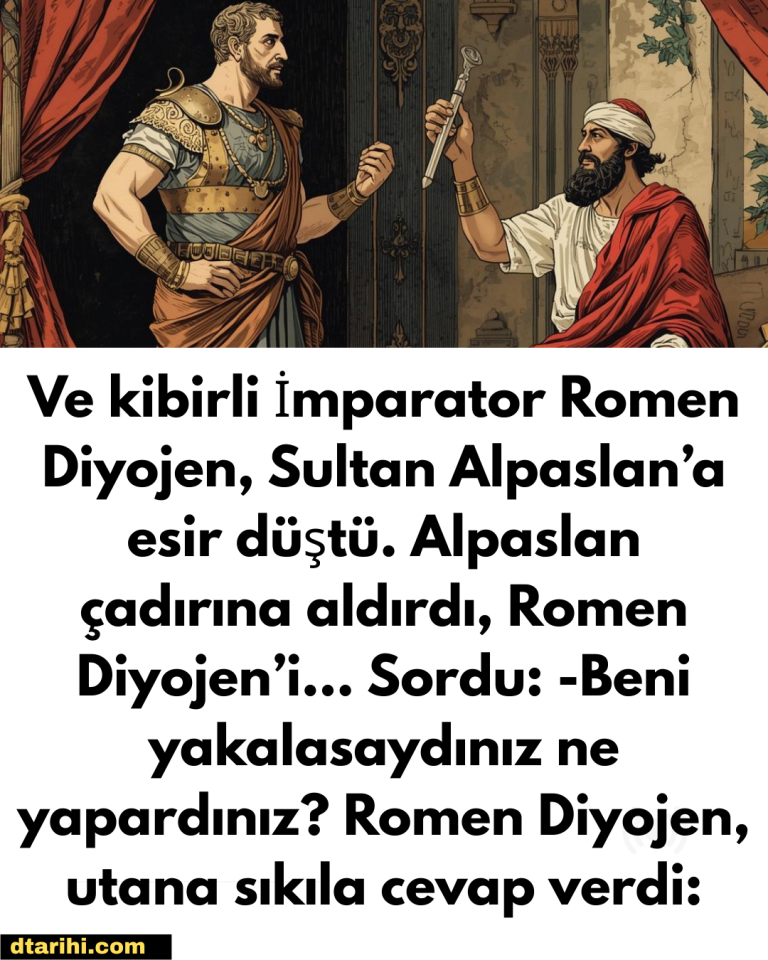 Ve kibirli İmparator Romen Diyojen, Sultan Alpaslan’a esir düştü. Alpaslan çadırına aldırdı, Romen Diyojen’i… Sordu:  -Beni yakalasaydınız ne yapardınız? Romen Diyojen, utana sıkıla cevap verdi: