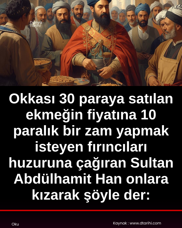 Okkası 30 paraya satılan ekmeğin fiyatına 10 paralık bir zam yapmak isteyen fırıncıları huzuruna çağıran sultan Abdülhamit Han’ın onlara kızarak şöyle der: