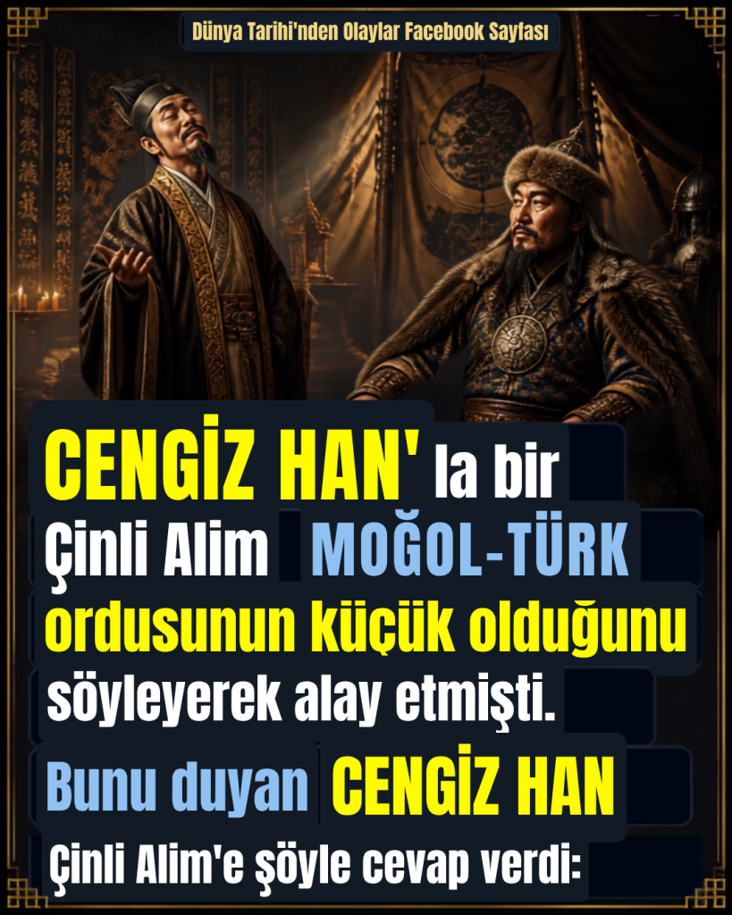 CENGİZ HAN’ la bir Çinli Alim MOĞOL-TÜRK ordusunun küçük olduğunu söyleyerek alay etmişti. Bunu duyan CENGİZ HAN Çinli Alim’e şöyle cevap verdi: