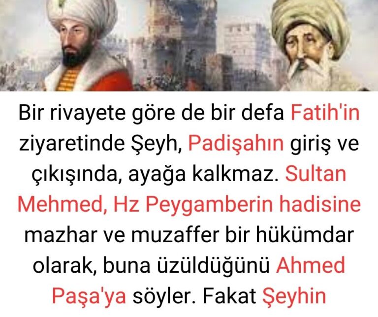 Bir rivayete göre de bir defa Fatih’in ziyaretinde Şeyh, Padişahın giriş ve çıkışında, ayağa kalkmaz. Sultan Mehmed, Hz Peygamberin hadisine mazhar ve muzaffer bir hükümdar olarak, buna üzüldüğünü Ahmed Paşa’ya söyler. Fakat Şeyhin