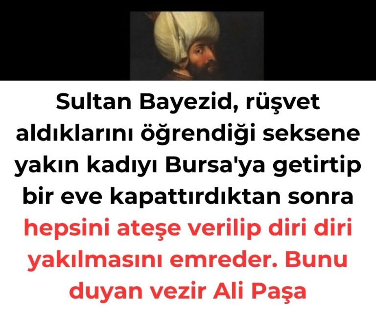 Sultan Bayezid, rüşvet aldıklarını öğrendiği seksene yakın kadıyı Bursa’ya getirtip bir eve kapattırdıktan sonra hepsini ateşe verilip diri diri yakılmasını emreder. Bunu duyan vezir Ali Paşa