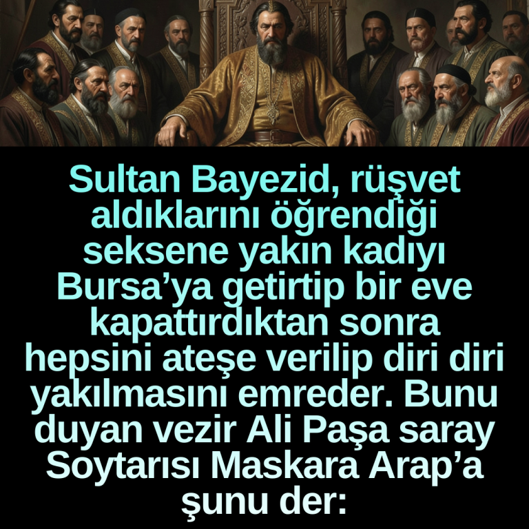 Sultan Bayezid, rüşvet aldıklarını öğrendiği seksene yakın kadıyı Bursa’ya getirtip bir eve kapattırdıktan sonra hepsini ateşe verilip diri diri yakılmasını emreder. Bunu duyan vezir Ali Paşa saray Soytarısı Maskara Arap’a şunu der:
