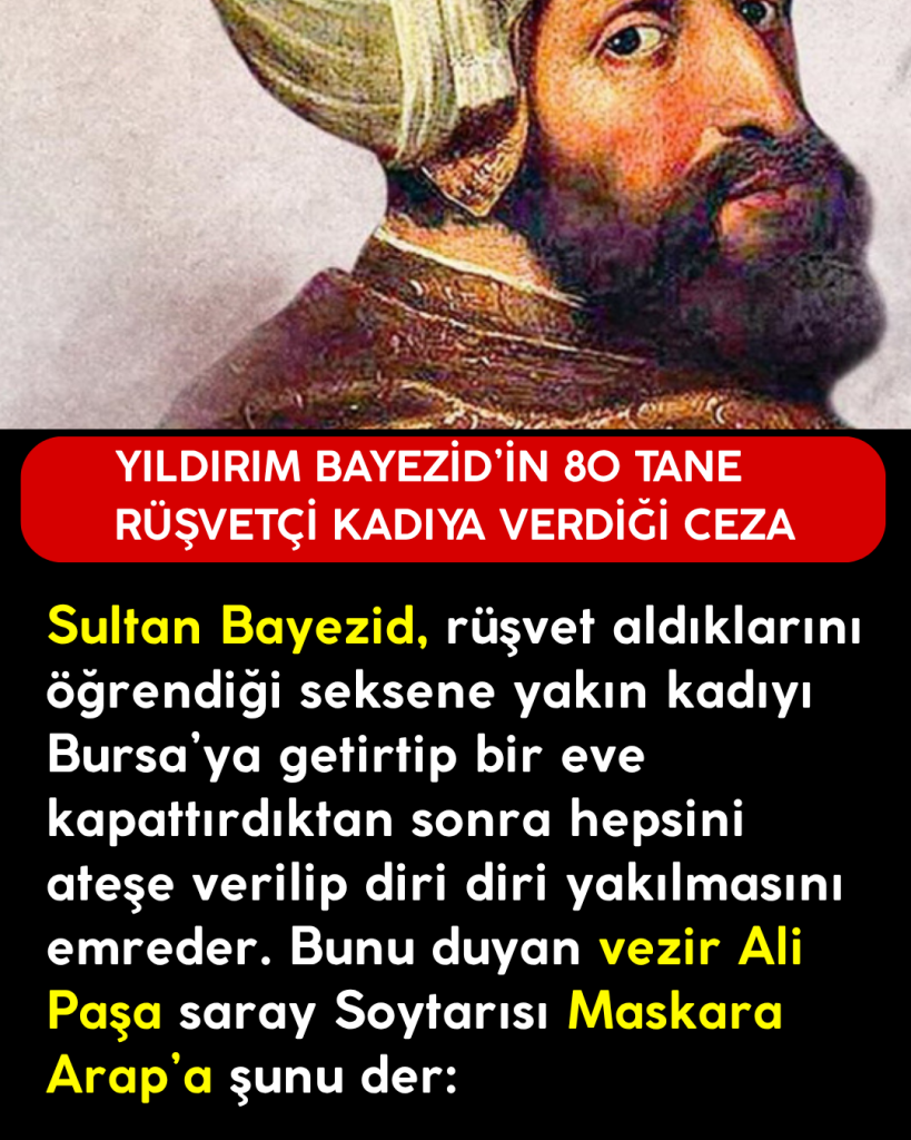 Sultan Bayezid, rüşvet aldıklarını öğrendiği seksene yakın kadıyı Bursa’ya getirtip bir eve kapattırdıktan sonra hepsini ateşe verilip diri diri yakılmasını emreder. Bunu duyan vezir Ali Paşa saray Soytarısı Maskara Arap’a şunu der: