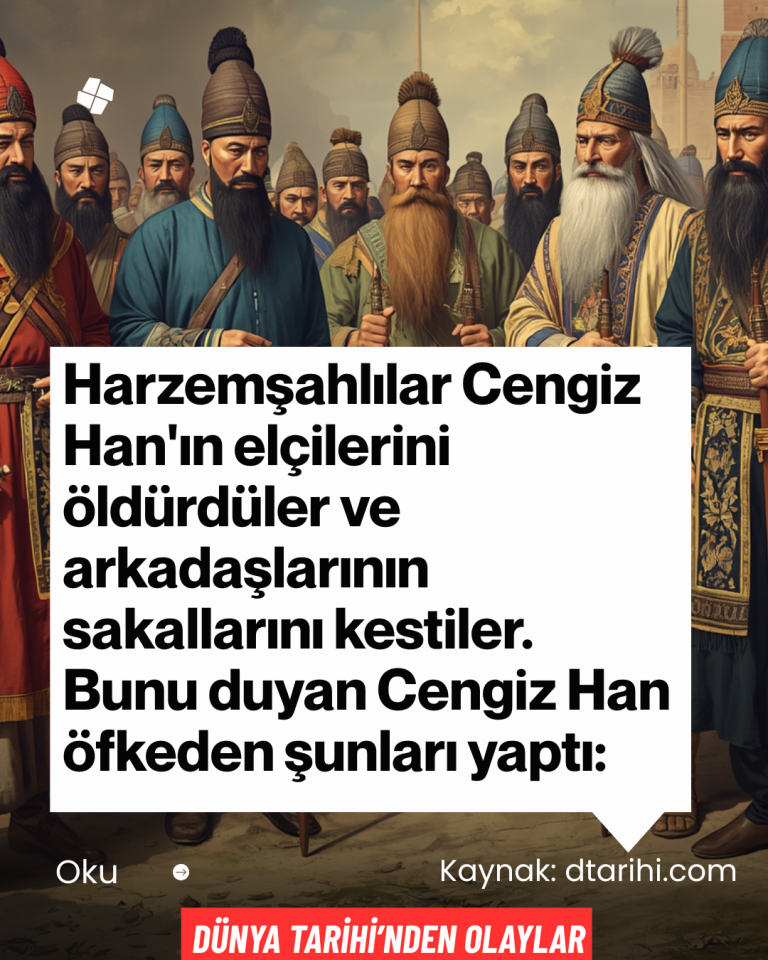 Harzemşahlılar Cengiz Han’ın elçilerini öldürdüler ve arkadaşlarının sakallarını kestiler. Bunu duyan Cengiz Han öfkeden şunları yaptı: