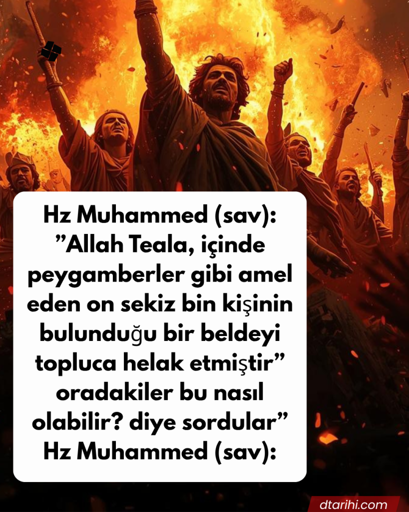 Hz Muhammed (sav): ”Allah Teala, içinde peygamberler gibi amel eden on sekiz bin kişinin bulunduğu bir beldeyi topluca helak etmiştir” oradakiler bu nasıl olabilir? diye sordular” Hz Muhammed (sav):