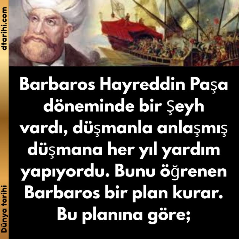Barbaros Hayreddin Paşa döneminde bir Şeyh vardı, düşmanla anlaşmış düşmana her yıl yardım yapıyordu. Bunu öğrenen Barbaros bir plan kurar. Bu planına göre;