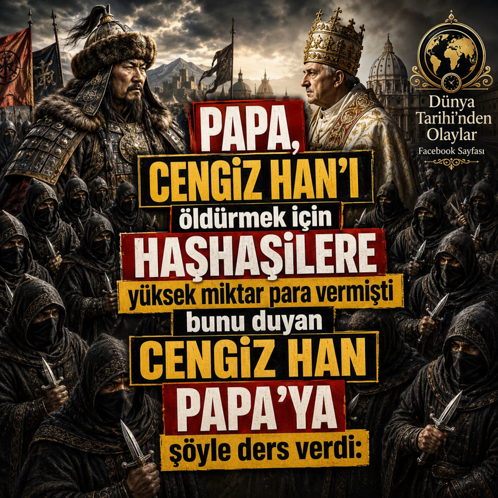PAPA, CENGİZ HAN’I öldürmek için HAŞHAŞİLERE yüksek miktar para vermişti bunu duyan CENGİZ HAN PAPA’YA şöyle ders verdi: