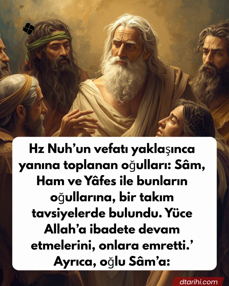 Hz Nuh’un vefatı yaklaşınca yanına toplanan oğulları: Sâm, Ham ve Yâfes ile bunların oğullarına, bir takım tavsiyelerde bulundu. Yüce Allah’a ibadete devam etmelerini, onlara emretti.’ Ayrıca, oğlu Sâm’a: