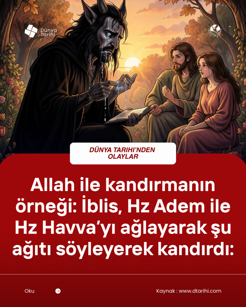 Allah ile kandırmanın örneği: İblis, Hz Adem ile Hz Havva’yı ağlayarak şu ağıtı söyleyerek kandırdı: