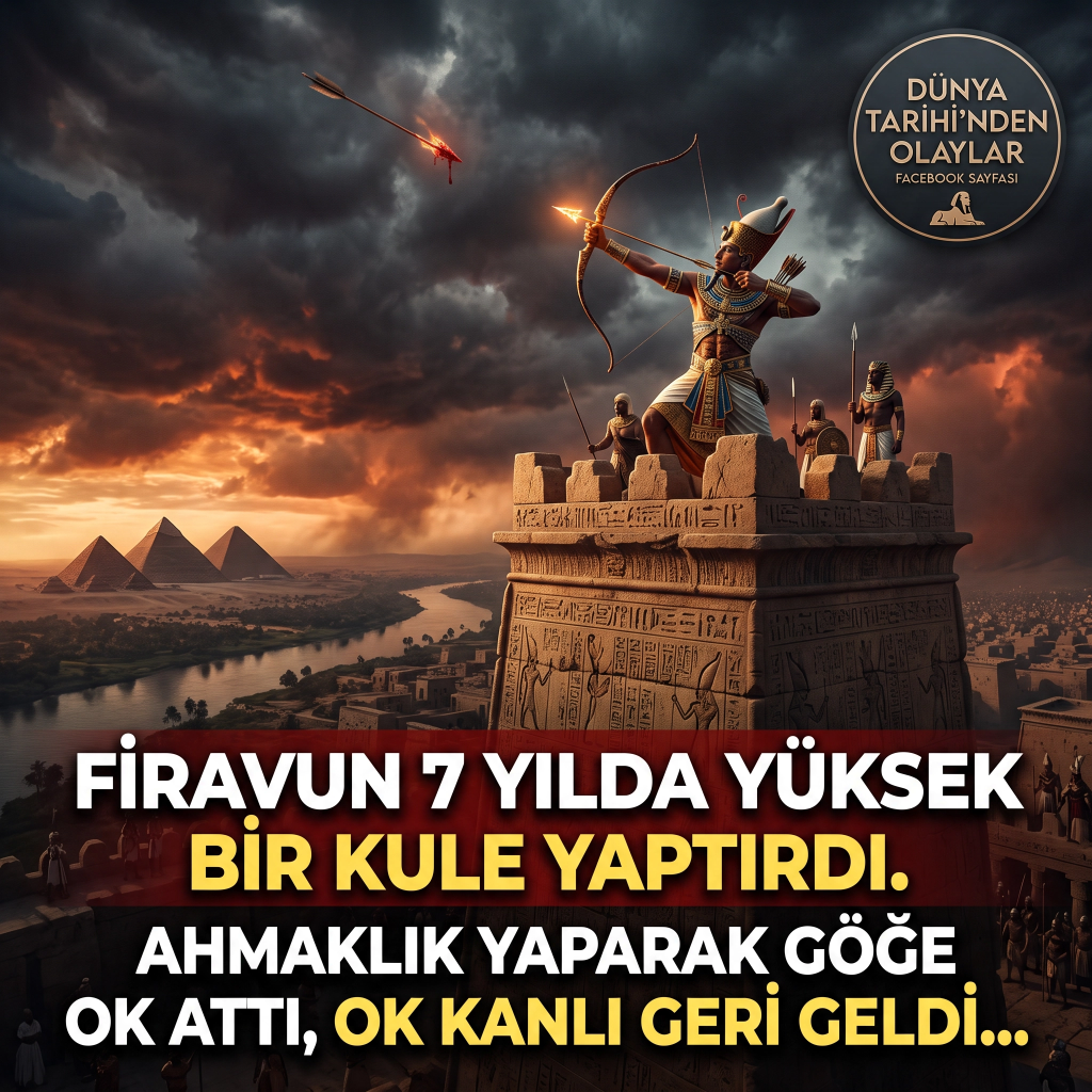 Firavun 7 yılda yüksek bir kule yaptırdı. Ahmaklık yaparak göğe ok atarak ok kanlı geldi ve şöyle dedi: