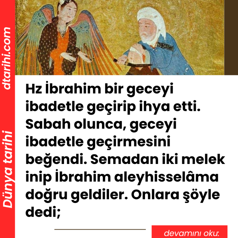 Hz İbrahim bir geceyi ibadetle geçirip ihya etti. Sabah olunca, geceyi ibadetle geçirmesini beğendi. Semadan iki melek inip İbrahim aleyhisselâma doğru geldiler. Onlara şöyle dedi;