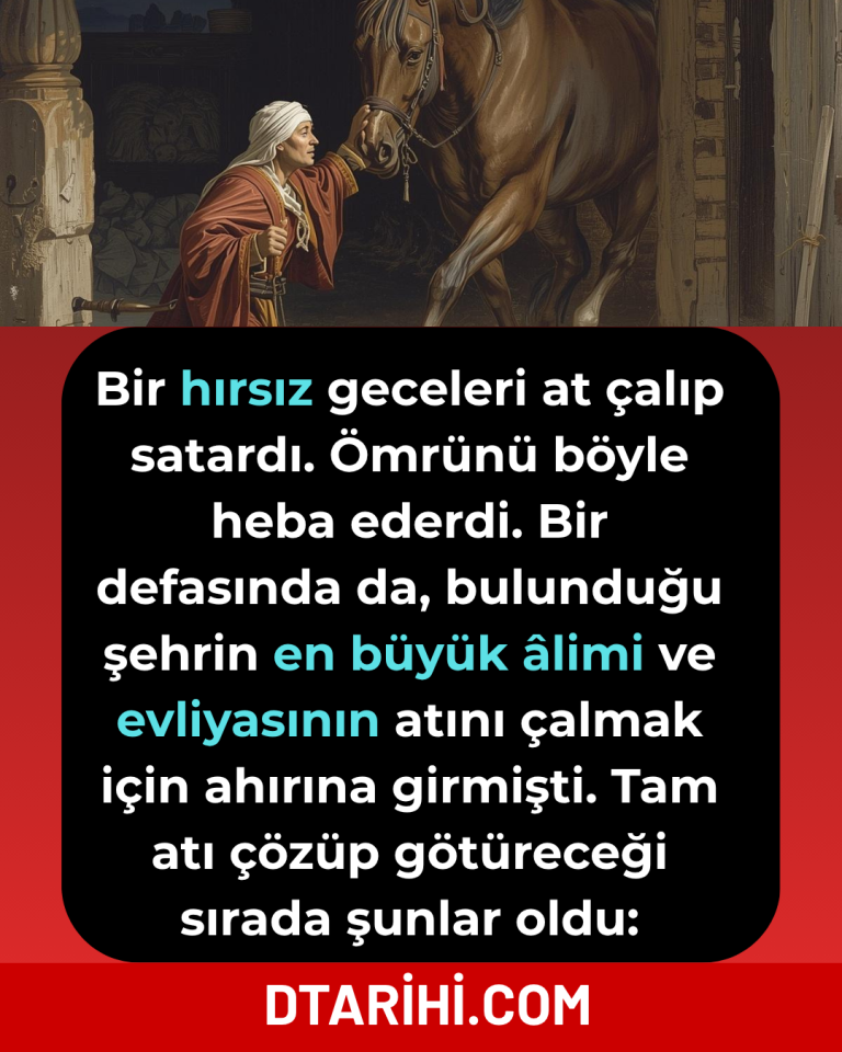 Bir hırsız geceleri at çalıp satardı. Ömrünü böyle heba ederdi. Bir defasında da, bulunduğu şehrin en büyük âlimi ve evliyasının atını çalmak için ahırına girmişti. Tam atı çözüp götüreceği sırada şunlar oldu: