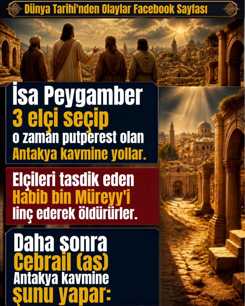 İsa Peygamber 3 elçi seçip o zaman putperest olan Antakya kavmine yollar. Elçileri tasdik eden Habib bin Müreyy’i linç ederek öldürürler. Daha sonra Cebrail (as) Antakya kavmine şunu yapar: