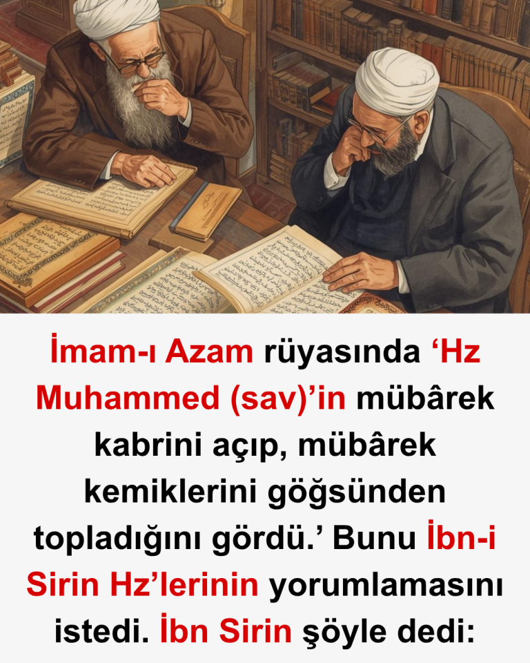İmam-ı Azam rüyasında ‘Hz Muhammed (sav)’in mübârek kabrini açıp, mübârek kemiklerini göğsünden topladığını gördü.’ Bunu İbn-i Sirin Hz’lerinin yorumlamasını istedi. İbn Sirin şöyle dedi: