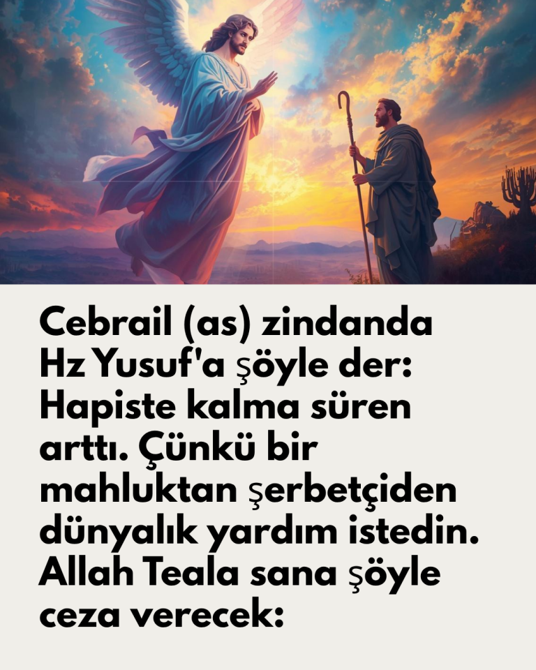 Cebrail (as) zindanda Hz Yusuf’a şöyle der: Hapiste kalma süren arttı. Çünkü bir mahluktan şerbetçiden dünyalık yardım istedin. Allah Teala sana şöyle ceza verecek: