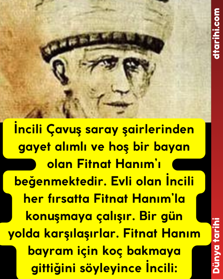 İncili Çavuş saray şairlerinden gayet alımlı ve hoş bir bayan olan Fitnat Hanım’ı beğenmektedir. Evli olan İncili her fırsatta Fitnat Hanım’la konuşmaya çalışır. Bir gün yolda karşılaşırlar. Fitnat Hanım bayram için koç bakmaya gittiğini söyleyince İncili: