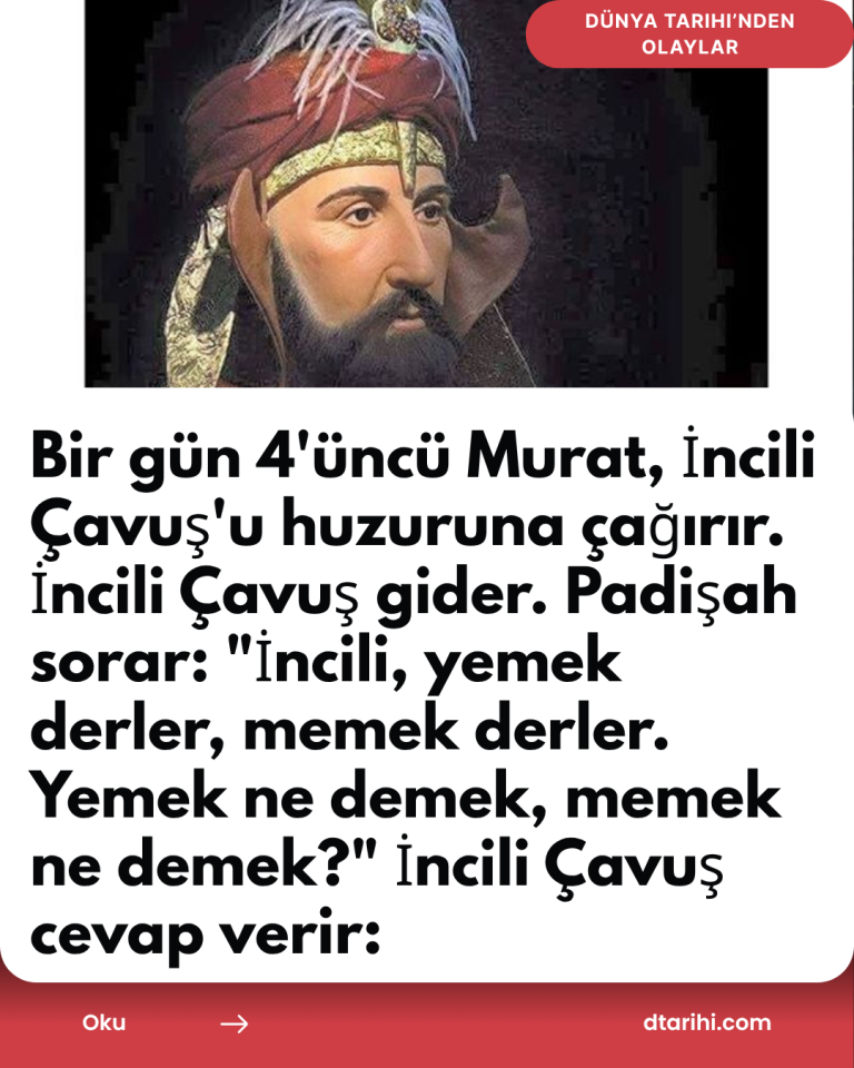 Bir gün 4’üncü Murat, İncili Çavuş’u huzuruna çağırır. İncili Çavuş gider. Padişah sorar: “İncili,  yemek derler, memek derler. Yemek ne demek, memek ne demek?” İncili Çavuş cevap verir: