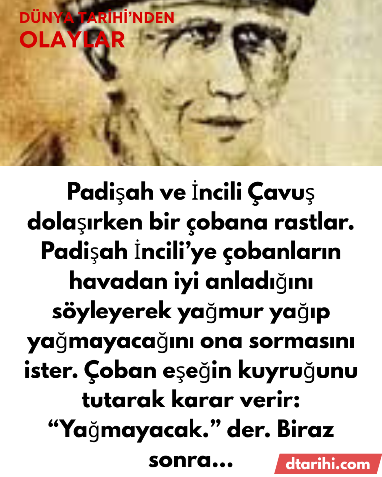 Padişah ve İncili Çavuş dolaşırken bir çobana rastlar. Padişah İncili’ye çobanların havadan iyi anladığını söyleyerek yağmur yağıp yağmayacağını ona sormasını ister. Çoban eşeğin kuyruğunu tutarak karar verir: “Yağmayacak.” der. Biraz sonra…