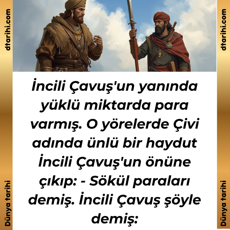İncili Çavuş’un yanında yüklü miktarda para varmış. O yörelerde Çivi adında ünlü bir haydut İncili Çavuş’un önüne çıkıp: – Sökül paraları demiş. İncili Çavuş şöyle demiş: