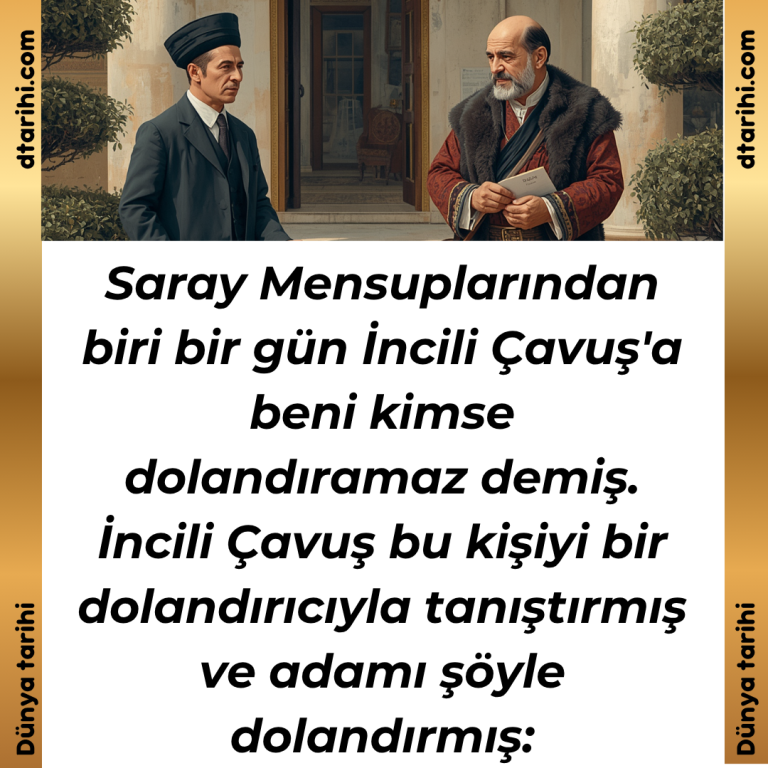 Saray Mensuplarından biri bir gün İncili Çavuş’a beni kimse dolandıramaz demiş. İncili Çavuş bu kişiyi bir dolandırıcıyla tanıştırmış ve adamı şöyle dolandırmış: