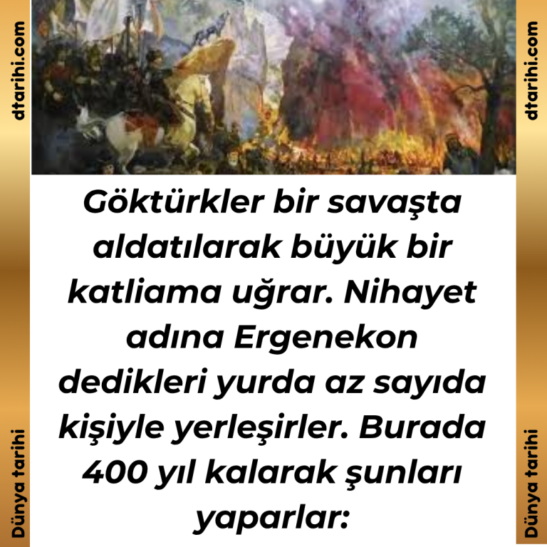Göktürkler bir savaşta aldatılarak büyük bir katliama uğrar. Nihayet adına Ergenekon dedikleri yurda az sayıda kişiyle yerleşirler. Burada 400 yıl kalarak şunları yaparlar: