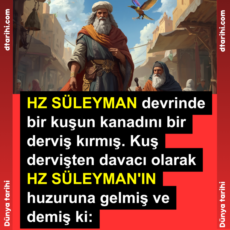 HZ SÜLEYMAN devrinde bir kuşun kanadını bir derviş kırmış. Kuş dervişten davacı olarak HZ SÜLEYMAN’IN huzuruna gelmiş ve demiş ki: