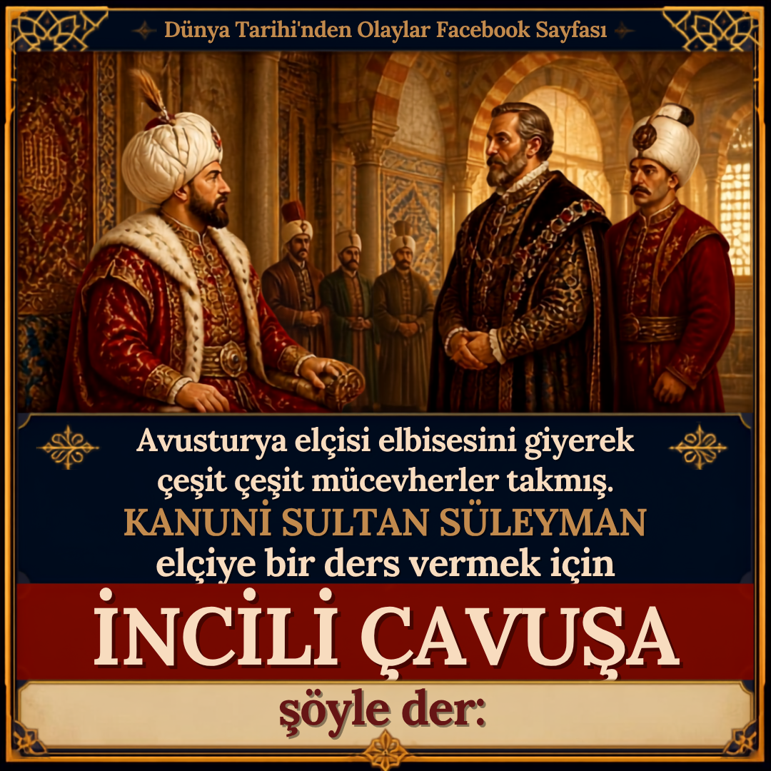 Avusturya elçisi elbisesini giyerek çeşit çeşit mücevherler takmış. KANUNİ SULTAN SÜLEYMAN elçiye bir ders vermek için İNCİLİ ÇAVUŞ’A şöyle der: