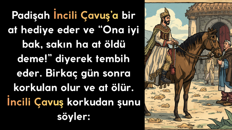 Padişah İncili Çavuş’a bir at hediye eder ve “Ona iyi bak, sakın ha at öldü deme!” diyerek tembih eder. Birkaç gün sonra korkulan olur ve at ölür. İncili Çavuş korkudan şunu söyler: