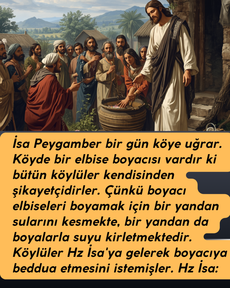 İsa Peygamber bir gün köye uğrar. Köyde bir elbise boyacısı vardır ki bütün köylüler kendisinden şikayetçidirler. Çünkü boyacı elbiseleri boyamak için bir yandan sularını kesmekte, bir yandan da boyalarla suyu kirletmektedir. Köylüler Hz İsa’ya gelerek boyacıya beddua etmesini istemişler. Hz İsa:
