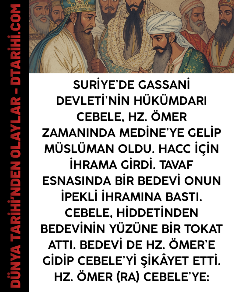 Suriye’de Gassani Devleti’nin hükümdarı Cebele, Hz. Ömer zamanında Medine’ye gelip Müslüman oldu. Hacc için ihrama girdi. Tavaf esnasında bir bedevi onun ipekli ihramına bastı. Cebele, hiddetinden bedevinin yüzüne bir tokat attı. Bedevi de Hz. Ömer’e gidip Cebele’yi şikâyet etti. Hz. Ömer (ra) Cebele’ye: