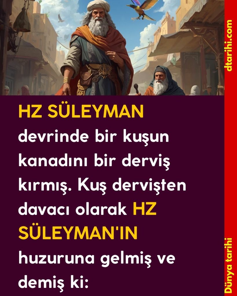 HZ SÜLEYMAN devrinde bir kuşun kanadını bir derviş kırmış. Kuş dervişten davacı olarak HZ SÜLEYMAN’IN huzuruna gelmiş ve demiş ki: