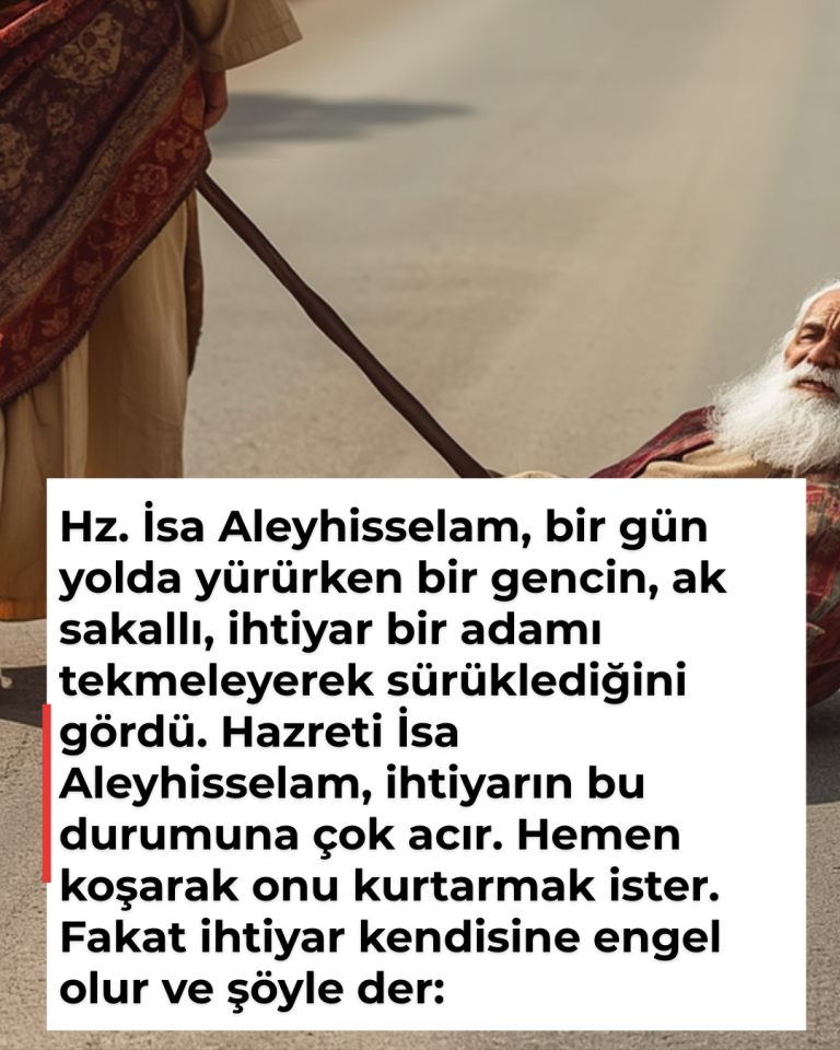 Hz. İsa Aleyhisselam, bir gün yolda yürürken bir gencin, ak sakallı, ihtiyar bir adamı tekmeleyerek sürüklediğini gördü. Hazreti İsa Aleyhisselam, ihtiyarın bu durumuna çok acır. Hemen koşarak onu kurtarmak ister. Fakat ihtiyar kendisine engel olur ve şöyle der: