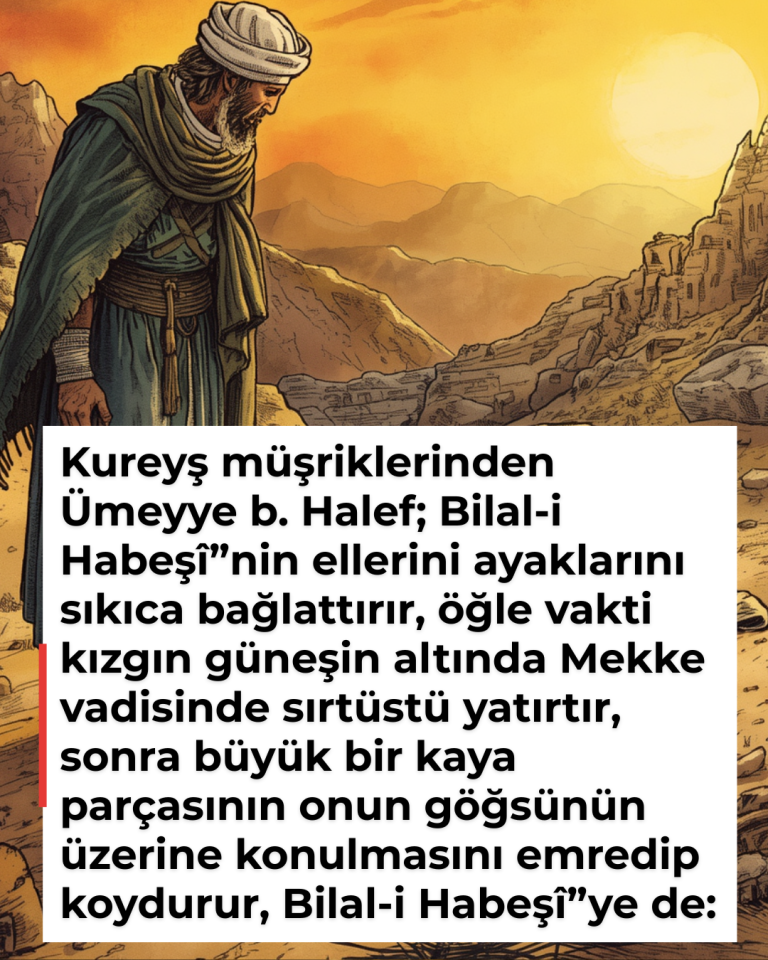 Kureyş müşriklerinden Ümeyye b. Halef; Bilal-i Habeşî”nin ellerini ayaklarını sıkıca bağlattırır, öğle vakti kızgın güneşin altında Mekke vadisinde sırtüstü yatırtır, sonra büyük bir kaya parçasının onun göğsünün üzerine konulmasını emredip koydurur, Bilal-i Habeşî”ye de: