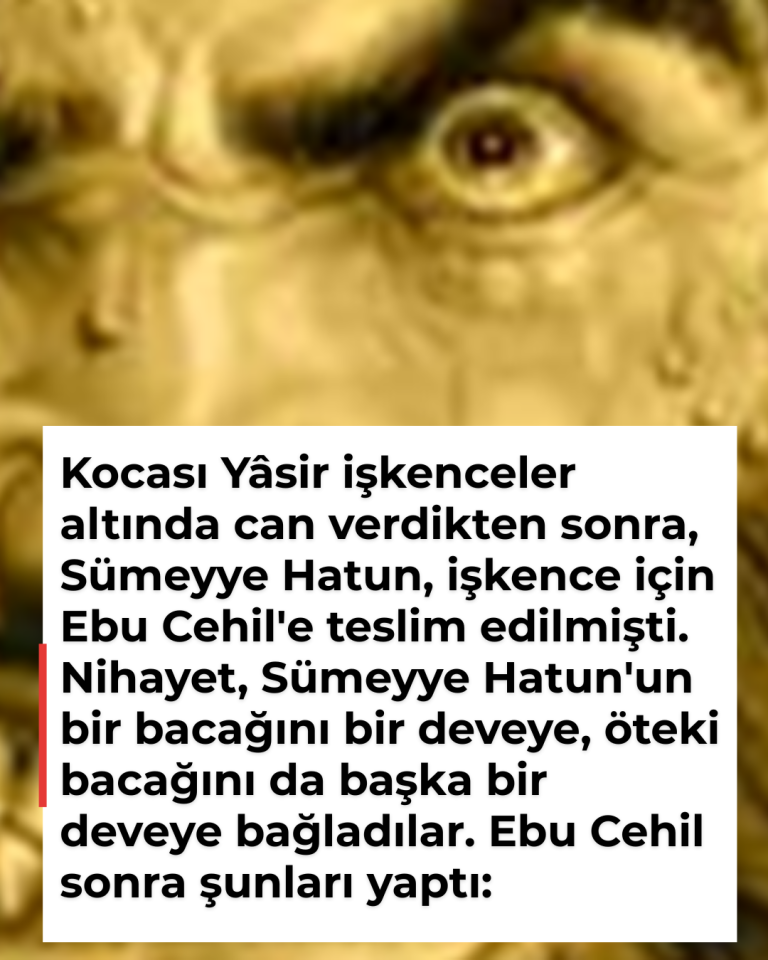 Kocası Yâsir işkenceler altında can verdikten sonra, Sümeyye Hatun, işkence için Ebu Cehil’e teslim edilmişti. Nihayet, Sümeyye Hatun’un bir bacağını bir deveye, öteki bacağını da başka bir deveye bağladılar. Ebu Cehil sonra şunları yaptı:
