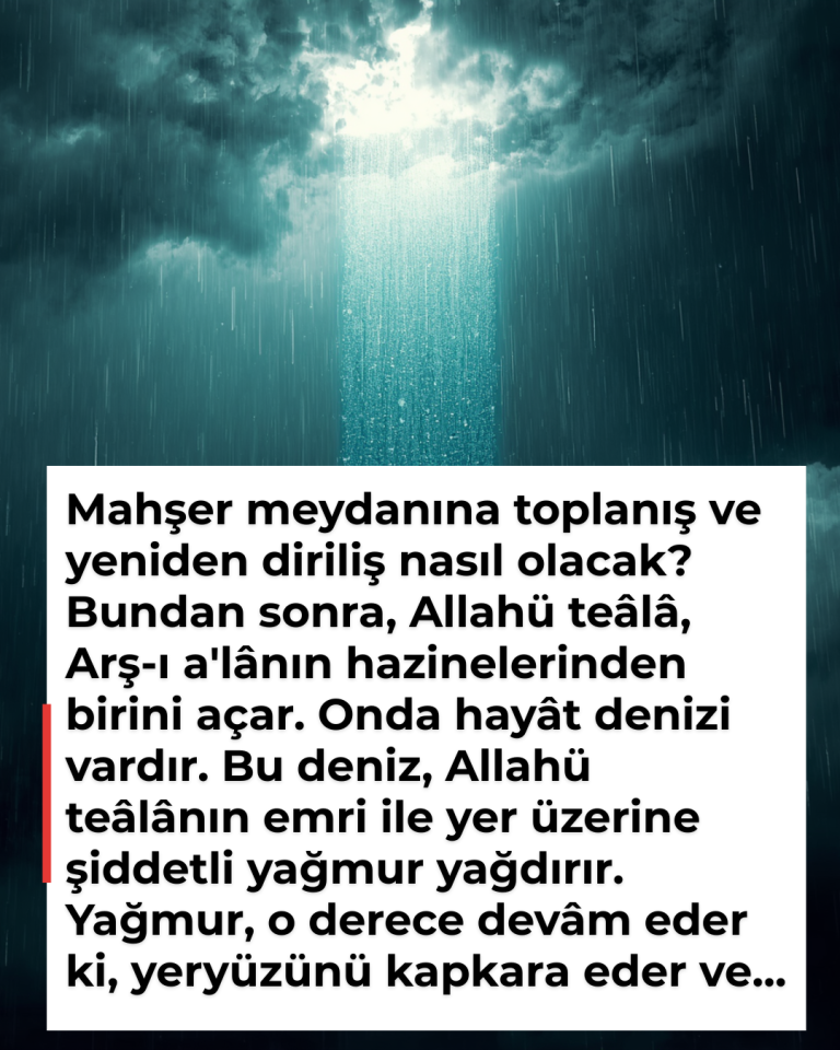Mahşer meydanına toplanış ve yeniden diriliş nasıl olacak? Bundan sonra, Allahü teâlâ, Arş-ı a’lânın hazinelerinden birini açar. Onda hayât denizi vardır. Bu deniz, Allahü teâlânın emri ile yer üzerine şiddetli yağmur yağdırır. Yağmur, o derece devâm eder ki, yeryüzünü kapkara eder ve…