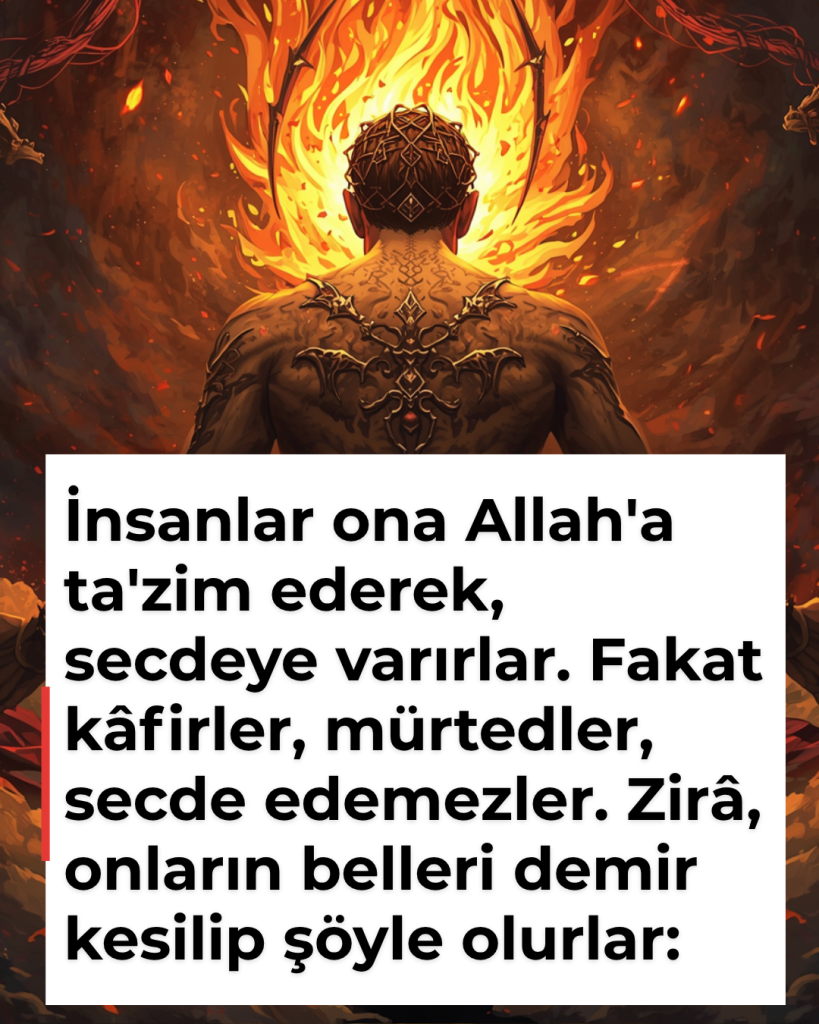 İnsanlar ona Allah’a ta’zim ederek, secdeye varırlar. Fakat kâfirler, mürtedler, secde edemezler. Zirâ, onların belleri demir kesilip şöyle olurlar: