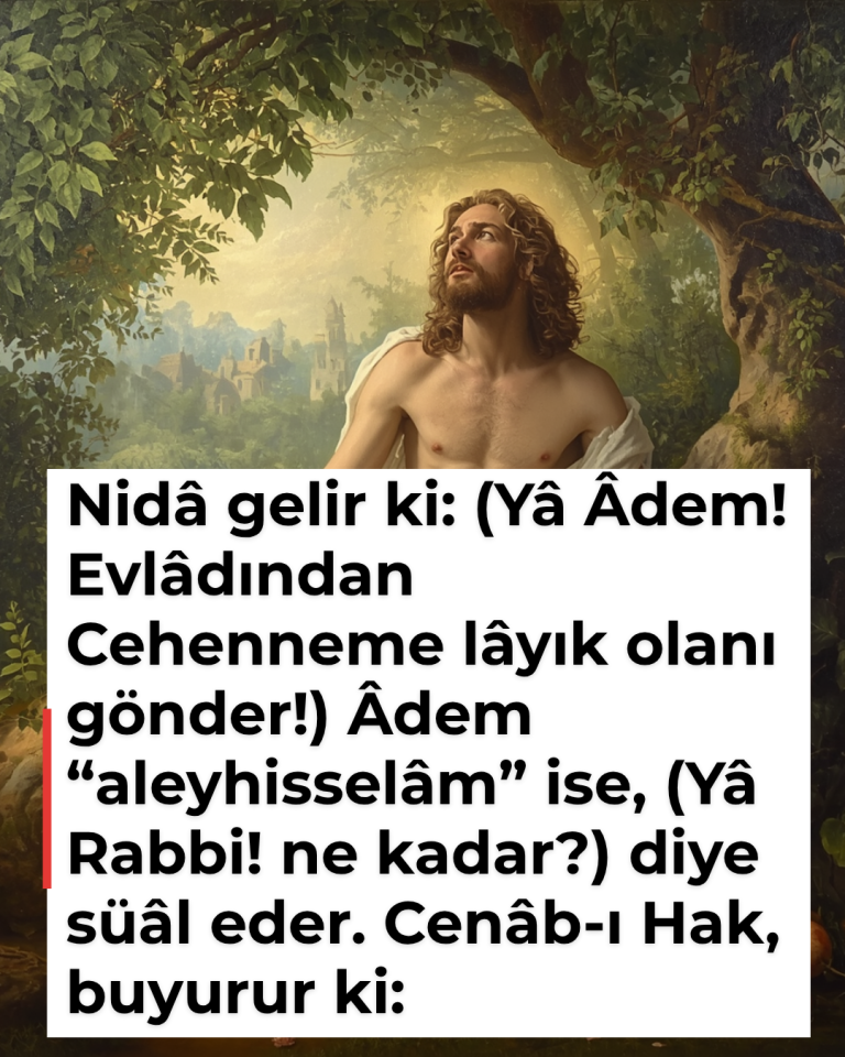 Nidâ gelir ki: (Yâ Âdem! Evlâdından Cehenneme lâyık olanı gönder!) Âdem “aleyhisselâm” ise, (Yâ Rabbi! ne kadar?) diye süâl eder. Cenâb-ı Hak, buyurur ki: