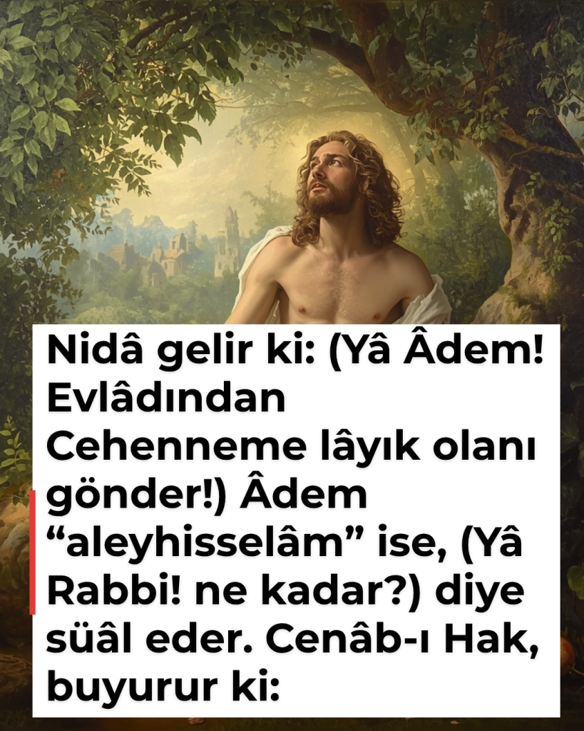 Nidâ gelir ki: (Yâ Âdem! Evlâdından Cehenneme lâyık olanı gönder!) Âdem “aleyhisselâm” ise, (Yâ Rabbi! ne kadar?) diye süâl eder. Cenâb-ı Hak, buyurur ki: