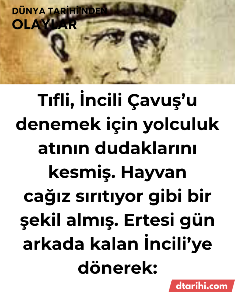 Tıfli, İncili Çavuş’u denemek için yolculuk atının dudaklarını kesmiş. Hayvancağız sırıtıyor gibi bir şekil almış. Ertesi gün arkada kalan İncili’ye dönerek: