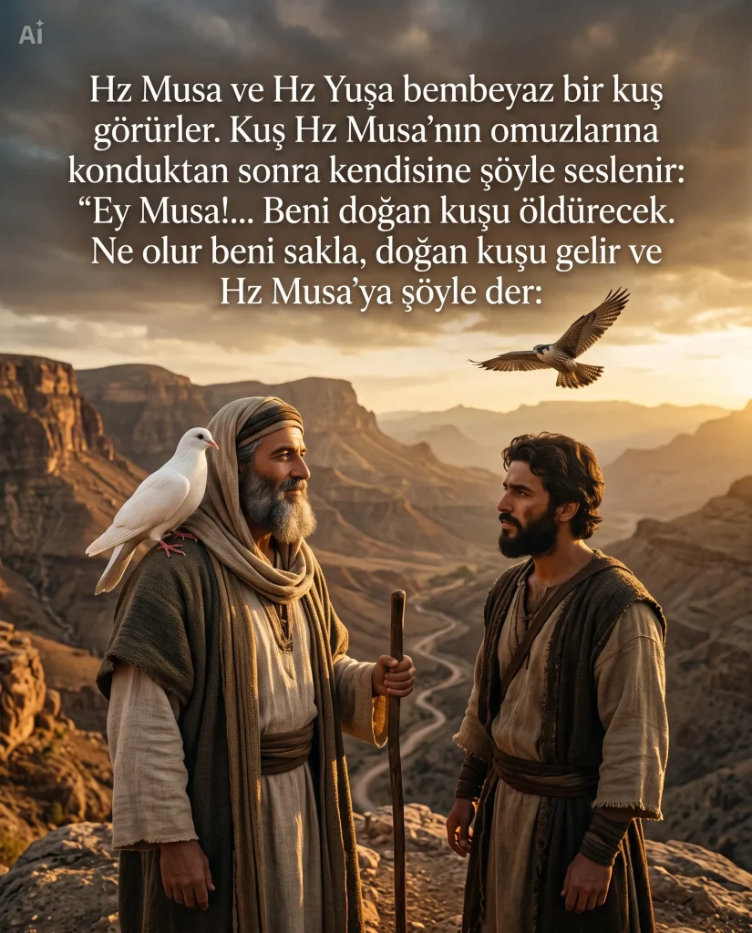 Hz Musa ve Hz Yuşa bembeyaz bir kuş görürler. Kuş Hz Musa’nın omuzlarına konduktan sonra kendisine şöyle seslenir: “Ey Musa!… Beni doğan kuşu öldürecek. Ne olur beni sakla, doğan kuşu gelir ve Hz Musa’ya şöyle der: